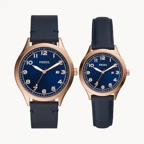 化石/Fossil His and Her Wylie Three-Hand Navy Leather Watch Box Set BQ2470SET
