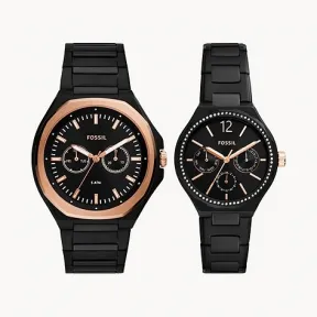 化石/Fossil His and Her Multifunction Black Stainless Steel Watch BQ2645SET