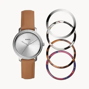 化石/Fossil Lexie Luther Three-Hand Camel Leather Watch Interchangeable Bezel Box Set BQ3570SET