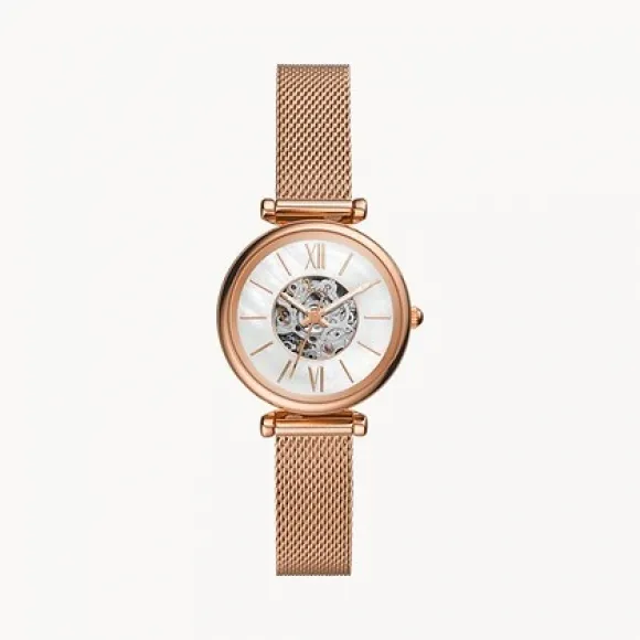化石/Fossil Carlie Mini Automatic Rose Gold-Tone Stainless Steel Mesh Watch ME3188