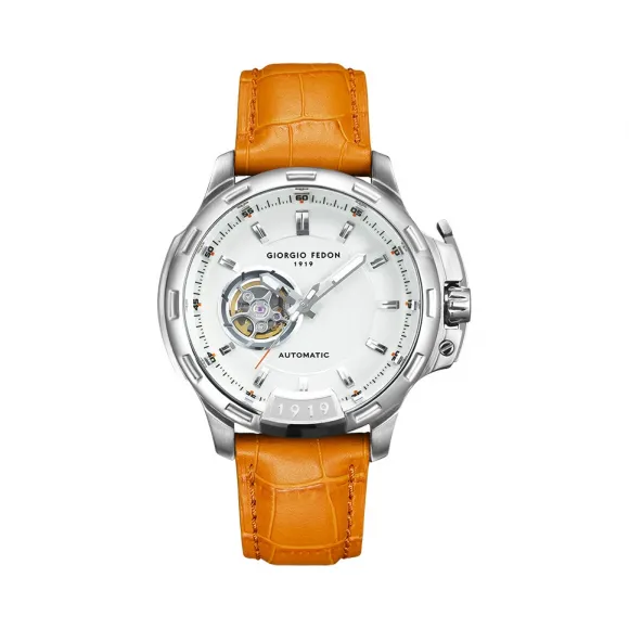 乔治菲登GF1919手表男收藏家系列自动机械表防水镂空大表盘 白盘银壳橙色皮带GFBG002