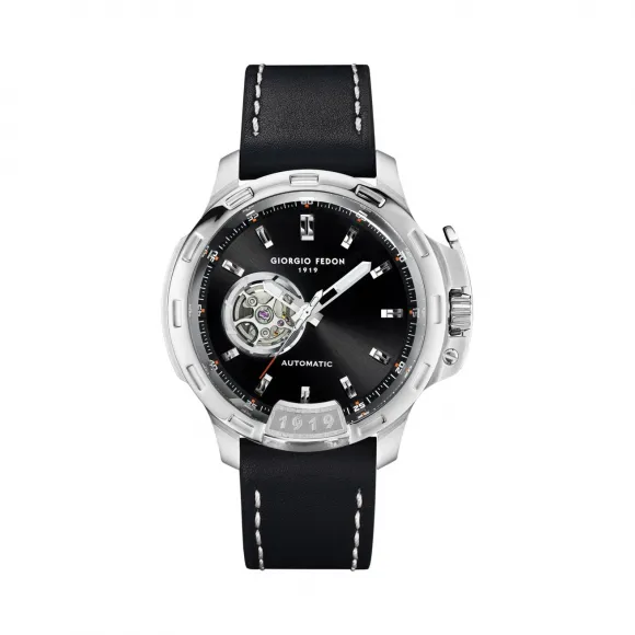 乔治菲登GF1919手表男 自动机械表植鞣表带防水镂空大表盘 皮带黑盘GFBG015