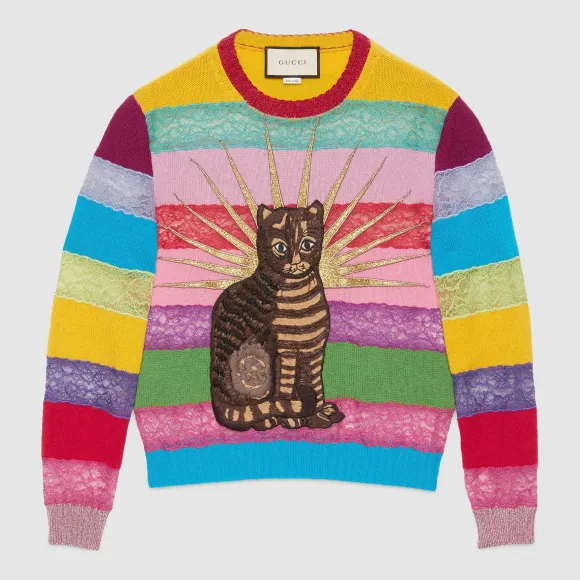 古驰/Gucci 美丽奴羊毛蕾丝刺绣针织上衣 457430 X5L48 5609