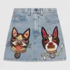 古驰/Gucci 饰波士顿梗犬Orso和Bosco刺绣贴花牛仔短裙 467267 XRA38 4048