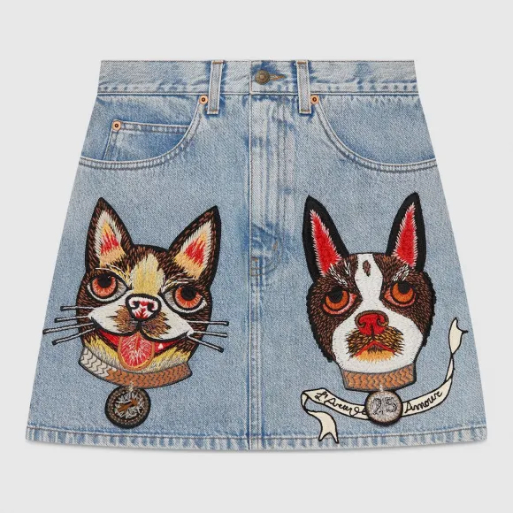 古驰/Gucci 饰波士顿梗犬Orso和Bosco刺绣贴花牛仔短裙 467267 XRA38 4048