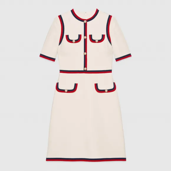 古驰/Gucci 饰织带羊毛真丝混纺连衣裙 475850 ZHM88 9401