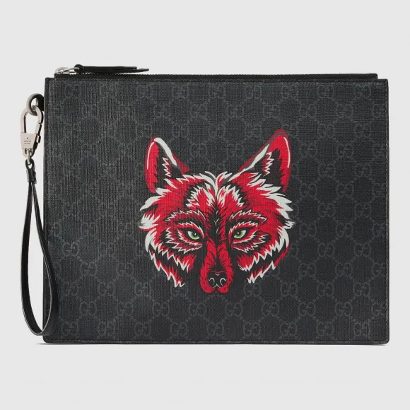 古驰/Gucci 饰狼头图案高级人造帆布手拿包 547084 914AN 9789