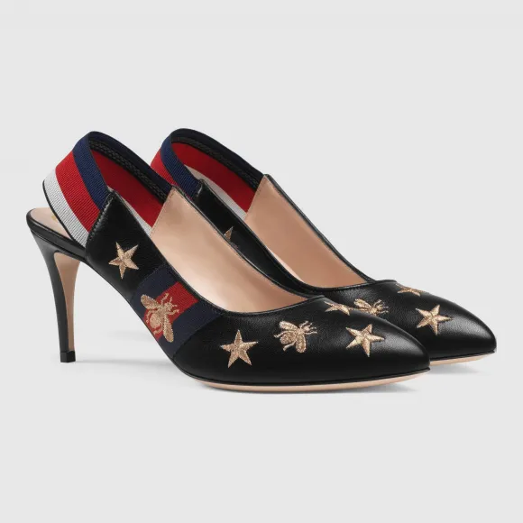 古驰/Gucci 刺绣皮革织带后系带浅口鞋 552039 0G0U0 1105