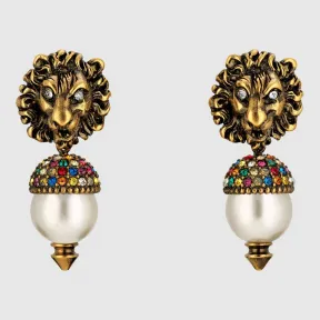 古驰/Gucci 饰珍珠狮头耳环 580603 I4762 8516