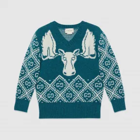 古驰/Gucci 童装 儿童GG驼鹿羊毛提花羊毛衫 590261_XKA1C_4054