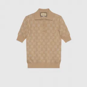 古驰/Gucci 金银丝线GG提花针织Polo衫 驼色和米色 女士 678435-XKB54-2132