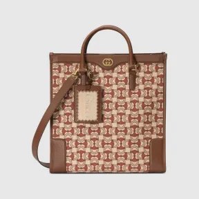 古驰/Gucci 米色和深红色棉布互扣式双G马衔扣提花托特包 752586-FAB9Q-9755