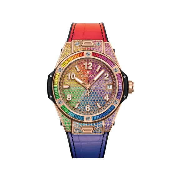 宇舶/Hublot Big Bang系列 39MM 缎面抛光 18K 王金镶嵌 118 颗彩色宝石：红宝石、粉色蓝宝石、紫水晶、蓝色蓝宝石、蓝色托帕石、沙弗莱石、黄色蓝宝石 自动机械机芯 男表 465.OX.9900.LR.0999