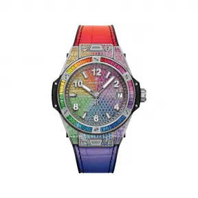 宇舶/Hublot Big Bang系列 39MM 缎面及抛光精钢，镶嵌红宝石，粉红色蓝宝石，紫水晶，蓝色蓝宝石，蓝色拓帕石，沙弗莱石，黄色蓝宝石和橙色蓝宝石共118颗 自动机械机芯 男表 465.SX.9900.LR.0999