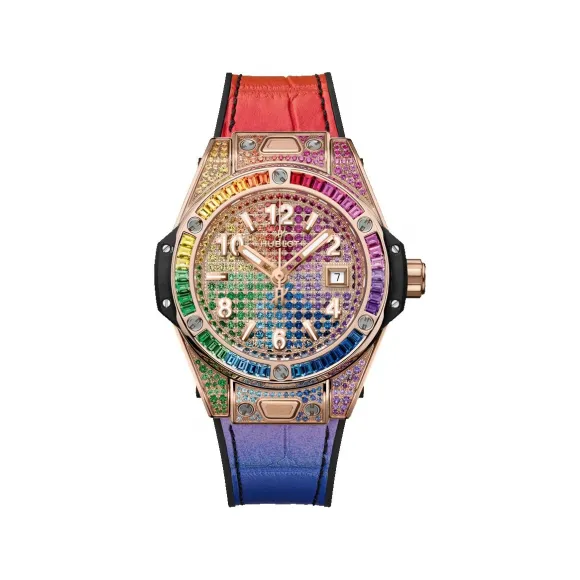宇舶/Hublot Big Bang系列 33MM 抛光18K王金镶嵌130颗彩色宝石：红宝石、粉色蓝宝石、紫水晶、蓝色蓝宝石、水蓝拓帕石、沙弗莱石、黄色和橙色蓝宝石 自动机械机芯 女表 485.OX.9900.LR.0999