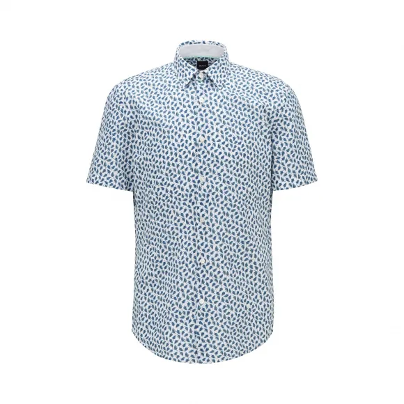 雨果博斯/Hugo Boss 树叶印花棉加亚麻混纺修身衬衫 50433096352