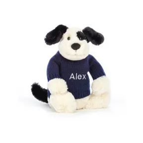 邦尼兔/Jellycat Bashful Black & Cream Puppy with Personalised Navy Jumper JUMPNBAS3BCP