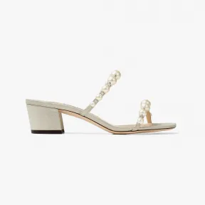 Jimmychoo/吉米周 AMARA45-珍珠装饰香槟色闪光绒面革穆勒鞋 AMARA45XHG0C5355