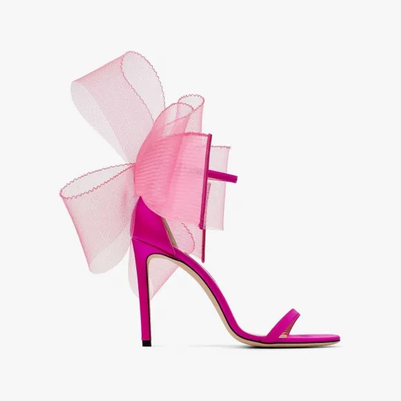 Jimmychoo/吉米周 AVELINE100-不对称罗纹网眼羽毛蝴蝶结饰桃红色凉鞋 AVELINE100BAV112404