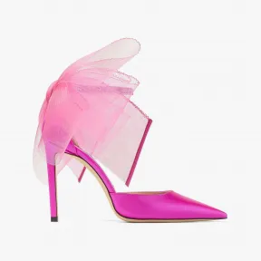 Jimmychoo/吉米周 AVERLY100-不对称罗纹网眼羽毛蝴蝶结饰桃红色高跟鞋 AVERLY100BAV112404