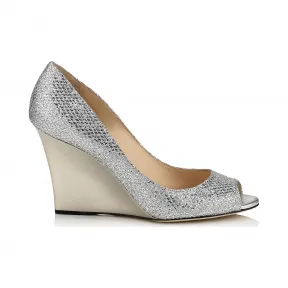 Jimmychoo/吉米周 银色亮片面料鱼嘴趾坡跟鞋 BAXENGFAAA0009