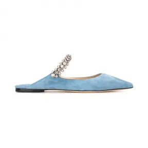 Jimmychoo/吉米周 水晶饰带深天蓝色麂皮穆勒鞋  BINGFLATSUE043120
