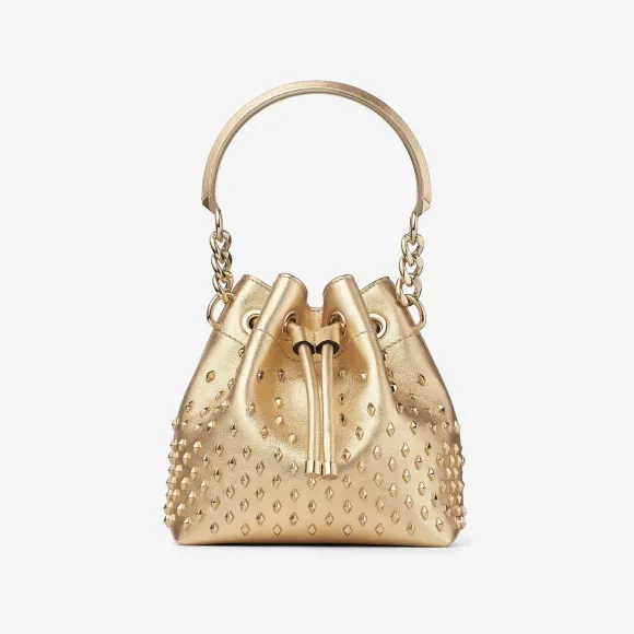 Jimmychoo/吉米周 BON BON BUCKET/S | 铆钉饰金色金属感纳帕革桶包 BONBONBUCKETSATY008937