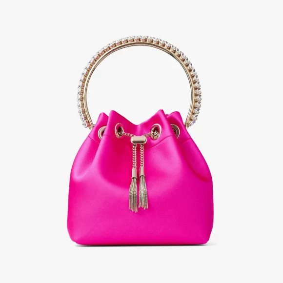 Jimmychoo/吉米周 BONBON-水晶提手桃红色缎面桶包 BONBONVKM110038