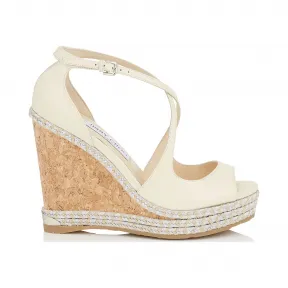 Jimmychoo/吉米周 白色金属感拉菲织带饰米白色坡跟鞋  DAKOTA120NTW080005