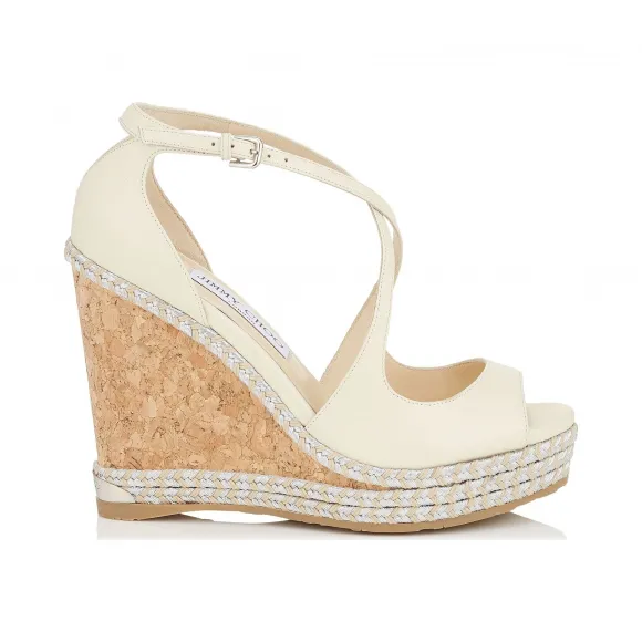 Jimmychoo/吉米周 白色金属感拉菲织带饰米白色坡跟鞋  DAKOTA120NTW080005