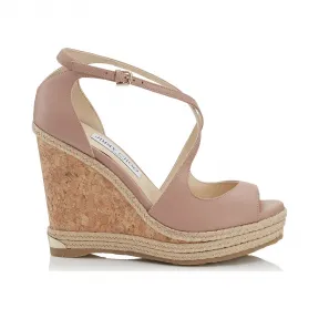 Jimmychoo/吉米周 芭蕾粉红色纳帕皮坡跟配音色金属拉菲草 DAKOTA120NTW110323