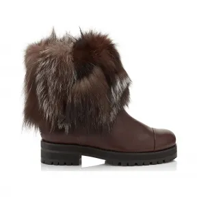 Jimmychoo/吉米周 狐狸皮毛深棕色皮靴 DANAFLATLFX020085