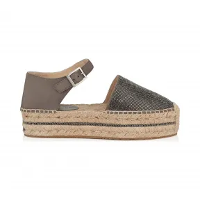 Jimmychoo/吉米周 灰褐色绒面革，配以金属微饰钉帆布底鞋 DELFINEFLATSRO100935