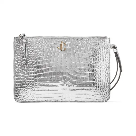 Jimmychoo/吉米周 品牌 logo 徽章装饰银色金属感鳄鱼纹皮荷包  FARAMJJAA0009