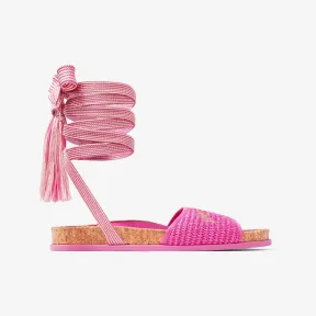 Jimmychoo/吉米周 刺绣桃红色拉菲草织凉鞋 GALFLATTMQ0C3529
