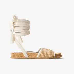 Jimmychoo/吉米周 刺绣自然色拉菲草织凉鞋 GALFLATTMQ121795