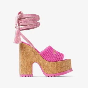 Jimmychoo/吉米周 刺绣桃红色拉菲草织坡跟凉鞋 GALWEDGE130TMQ0C3529