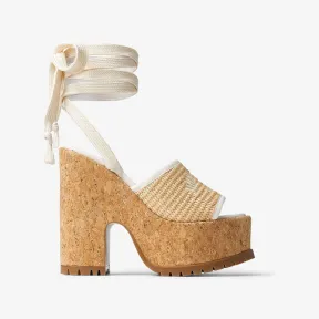 Jimmychoo/吉米周 刺绣自然色拉菲草织坡跟凉鞋 GALWEDGE130TMQ121795