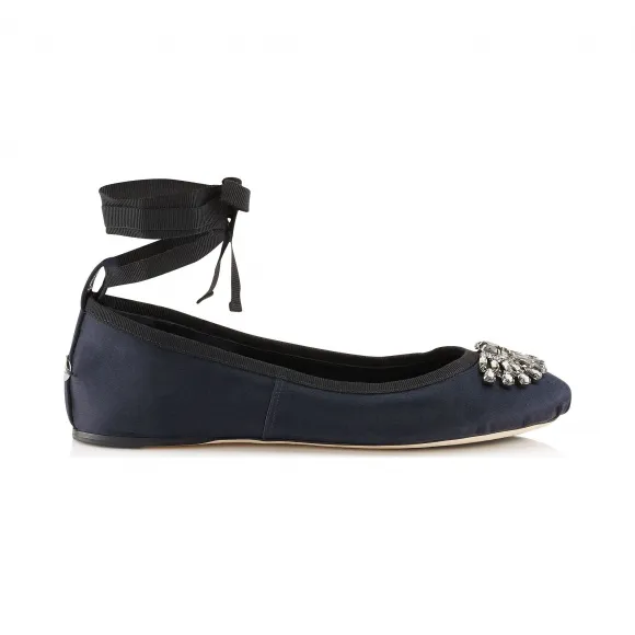 Jimmychoo/吉米周 海军蓝缎面和罗缎缎带芭蕾舞鞋 GRACEFLATTNG040014