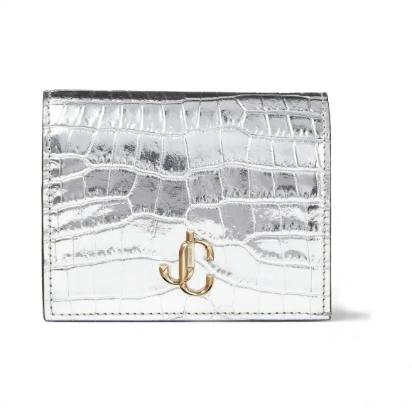 Jimmychoo/吉米周 品牌 logo 徽章装饰银色金属感鳄鱼纹皮钱夹  HANNEMIJAA0009