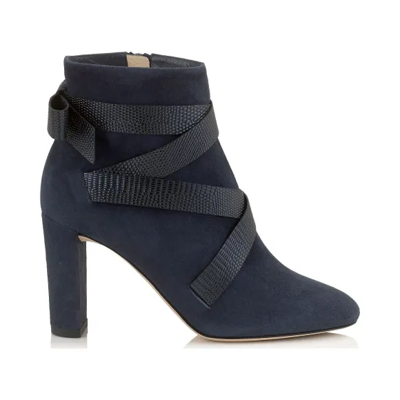 Jimmychoo/吉米周 海军蓝麂皮和金属色印花皮革踝靴 HEAT85DIL000721