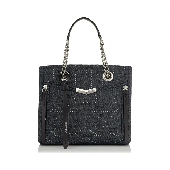 Jimmychoo/吉米周 迷你铆钉饰海军蓝色星形凸纹提花牛仔布拼皮革饰边小号购物包  HELIASHOPPERSTNU040014