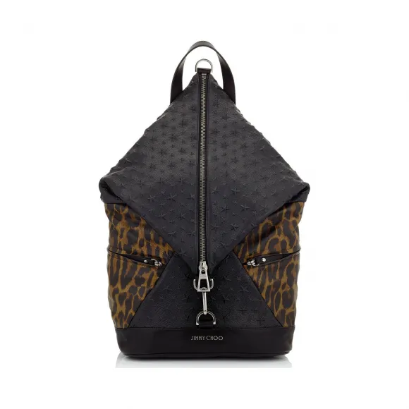 Jimmychoo/吉米周 黑色压纹星星皮革和森林绿色豹纹皮革背包 j000070485001