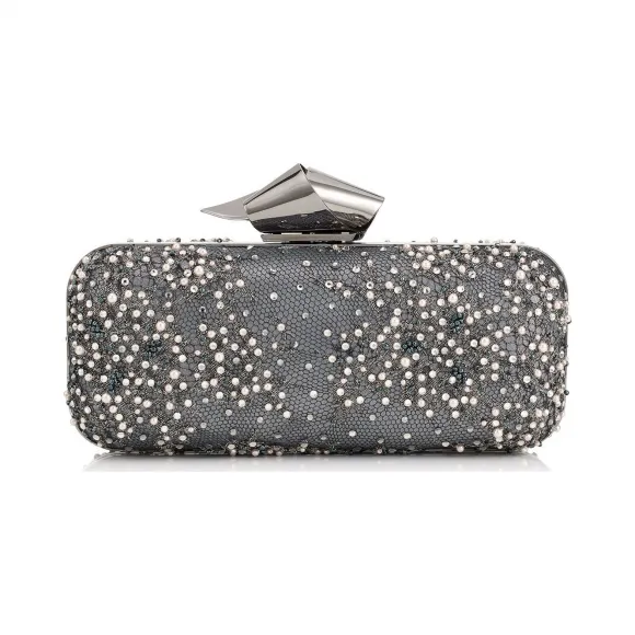 Jimmychoo/吉米周 无烟煤蕾丝水晶和珍珠手拿包，配结扣 j000071462001