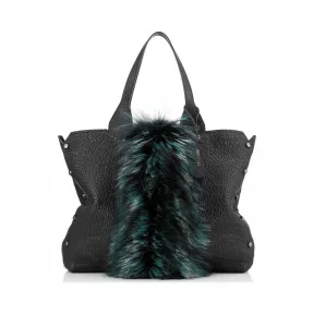 Jimmychoo/吉米周 黑色粒状皮革托特包，带瓶绿色Fox皮草 J000091847001