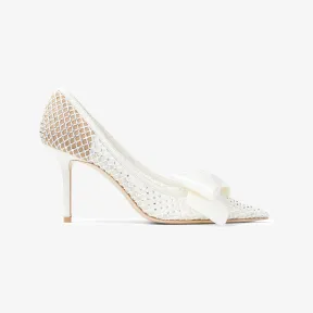 Jimmychoo/吉米周 LOVE 85高跟鞋-缎面蝴蝶结饰象牙白色水晶网布高跟鞋 LOVE85BHR000784