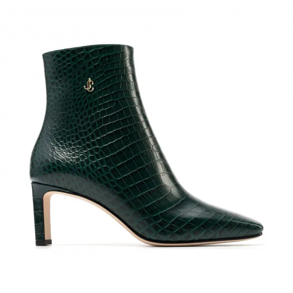 Jimmychoo/吉米周 金色品牌 logo 装饰深绿色鳄鱼压纹皮短靴 MINORI65CCL031838