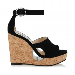 Jimmychoo/吉米周 黑色绒面软木坡跟挖剪 NEYO120SUE010003