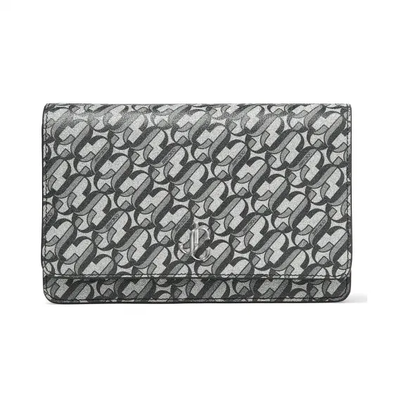 Jimmychoo/吉米周 品牌 logo 装饰银色/黑色银河闪粉面料链条钱夹  PALACERJJ000087