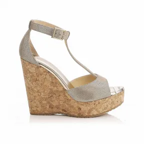 Jimmychoo/吉米周 香槟色金属迷你印花皮革软木坡跟 PELATIL120011